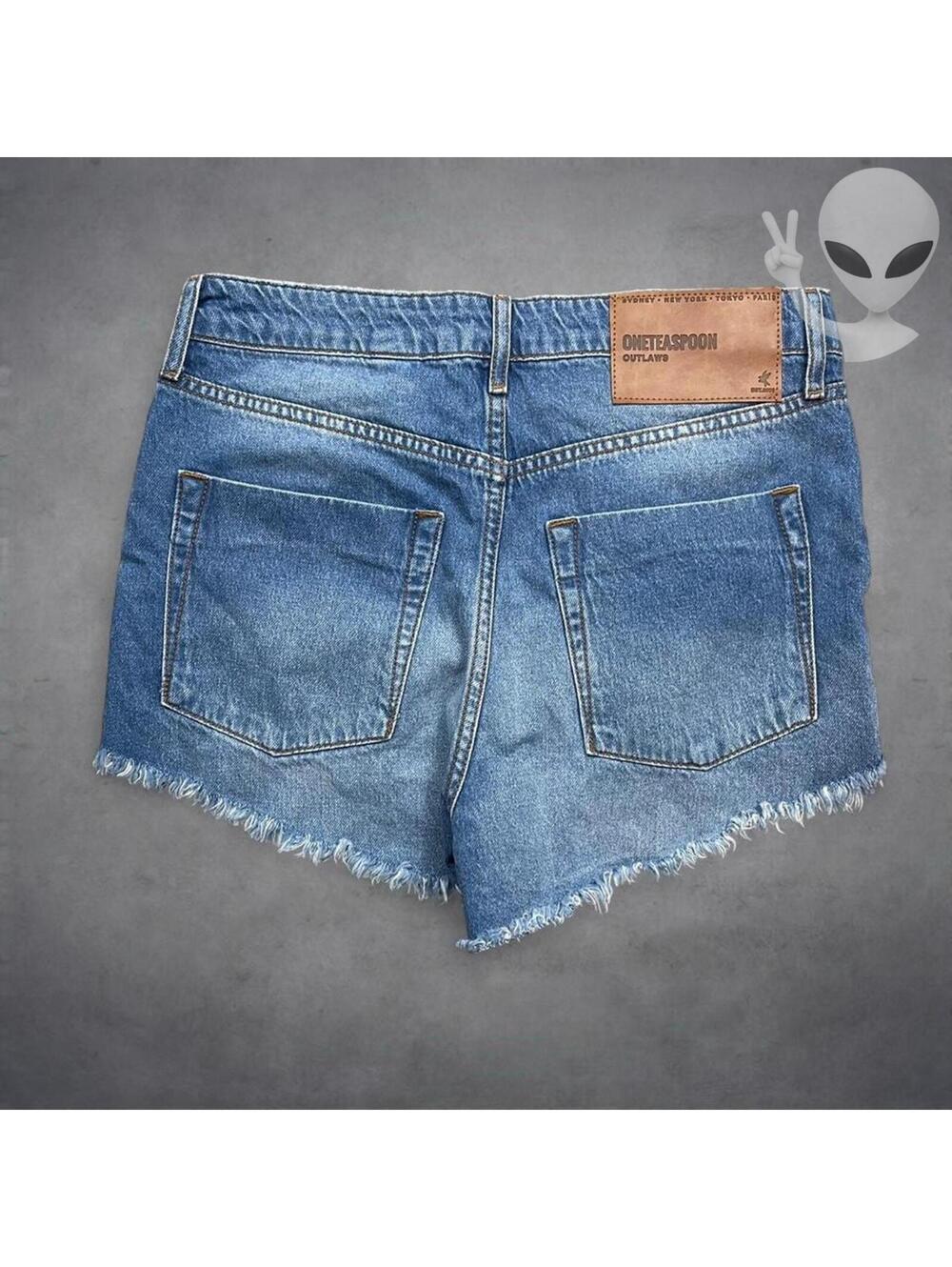 One Tea Spoon Outlaws Denim Shorts Size 25 Blue Button Fly Distressed Cut Off - Picture 4 of 5
